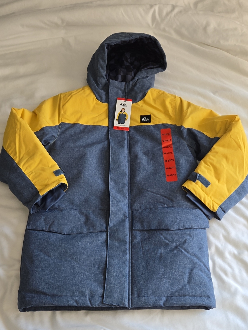 Quiksilver Youth Kids Blue Yellow Checkerboard Lined Hooded Parka Puffer Jacket
